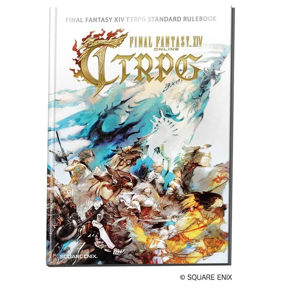 Front cover of the Final Fantasy XIV Online TTRPG Standard Rulebook, featuring fantasy artwork with a large blue dragon and multiple adventurers in battle, with the title text at the top and Square Enix branding at the bottom. Final Fantasy XIV Tabletop RPG Standard Rulebook