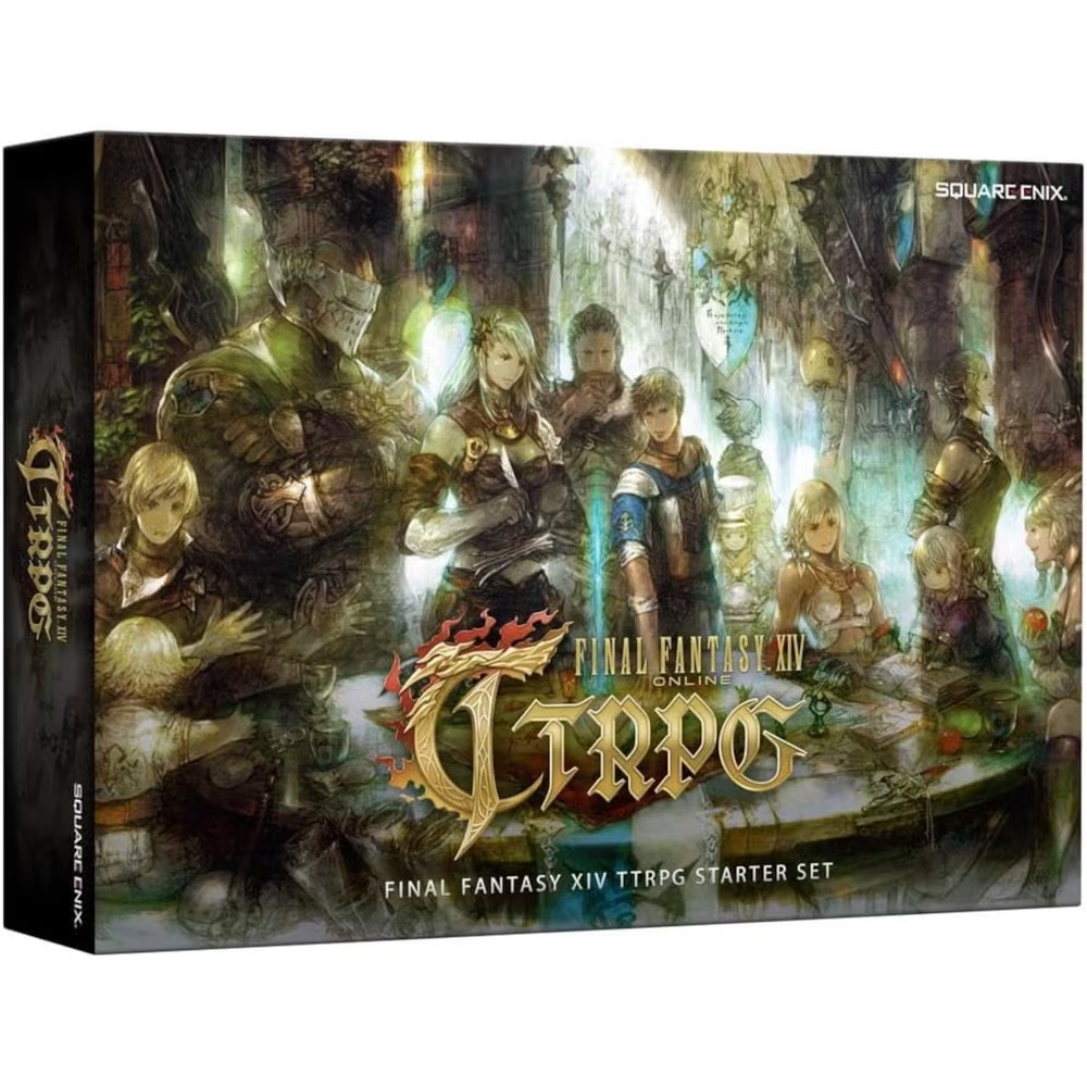 Square Enix Final Fantasy XIV TTRPG Starter Set box art, featuring a detailed fantasy illustration of characters in a glowing forest scene with the game title logo in the centre. Final Fantasy XIV Tabletop RPG Starter Set with rulebooks dice maps and tokens