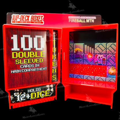 Red Fireball Mountain Retrowave Cyber Magicka Deck Box with an 8-bit fireball design. Stores cards, dice, and tokens, perfect for retro gaming fans.