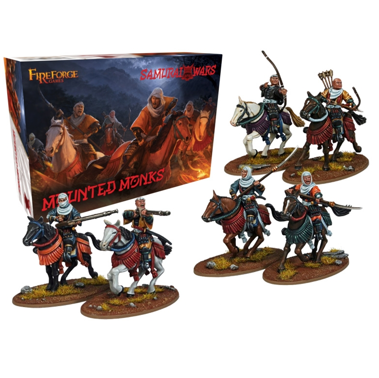 Fire Forge Games 'Mounted Monks' Samuraid Wars tabletop gaming miniatures shown with their illustrated box on a white background. Fireforge Mounted Monks 28mm Wargaming Miniatures