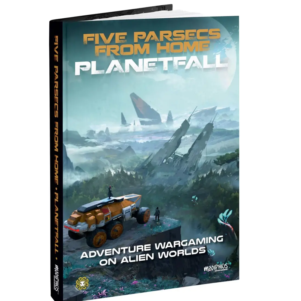 Book titled 'Five Parsecs from Home: Planetfall' with a futuristic landscape on the cover.