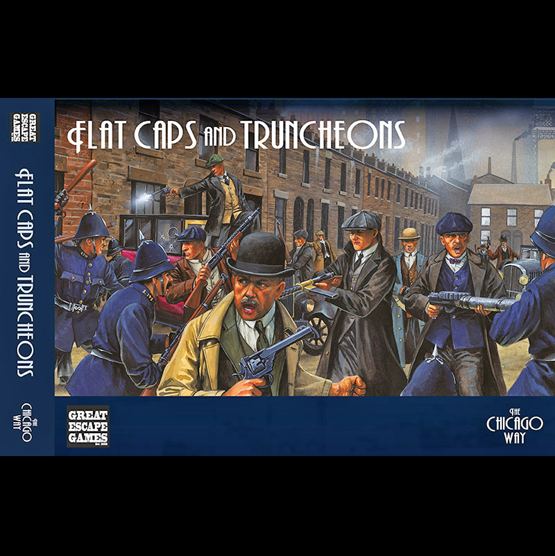 Flat Caps & Truncheons - Two Player Starter Set for The Chicago Way. The box features dynamic artwork of Peaky Blinders and British Police in action, showcasing the detailed miniatures and the thrilling atmosphere of post-war Britain.