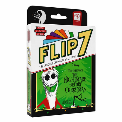 Flip 7: The Greatest Card Game of All Time! Disney Tim Burton's The Nightmare Before Christmas card game box, featuring Jack Skellington on the front cover.