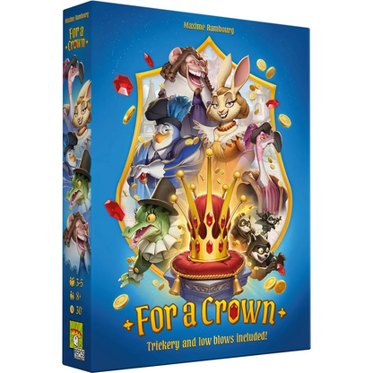 Board game box titled 'For a Crown' with colorful characters and a crown on a blue background