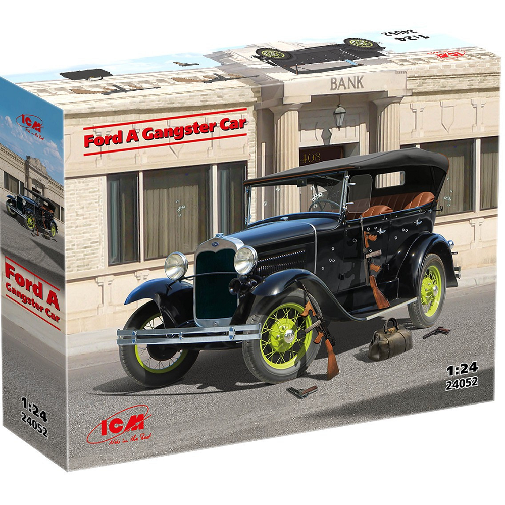 Ford A Gangster Car. Model car kit box for a Ford A Gangster Car in front of a bank building
