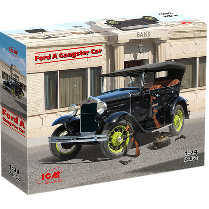 Ford A Gangster Car. Model car kit box for a Ford A Gangster Car in front of a bank building