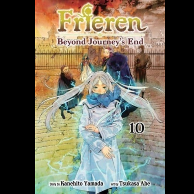 Front cover of the manga volume 'Frieren: Beyond Journey's End Volume 10' showing the main character Frieren in a light blue coat with long white hair, standing on stone steps with other characters in the background. The title 'Frieren' is prominently displayed at the top, with 'Volume 10' in the lower right. Frieren: Beyond Journey’s End Vol. 10