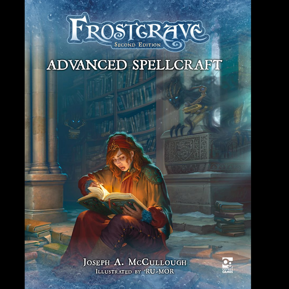Book cover of 'Frostgrave Advanced Spellcraft' with a character reading a book in a library setting.
