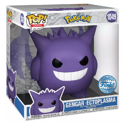 Funko Pop! Games special edition Gengar - Ectoplasma vinyl figure number 1049, shown inside its original retail packaging. The figure is purple with a wide grin, and the box features the Pokémon and Funko Pop! branding. Funko Pop! Gengar -|Jumbo 10 Inch Special Edition Vinyl Figure