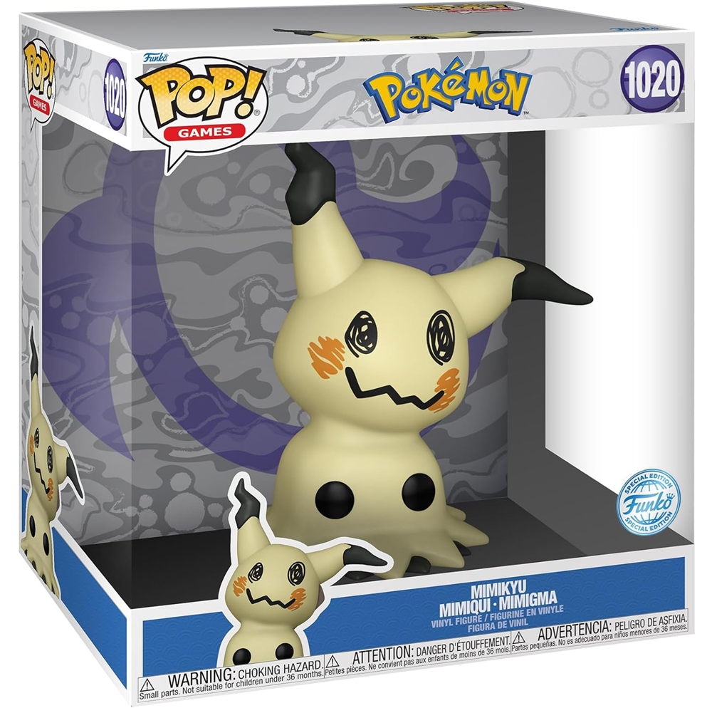 Funko Pop! Games vinyl figure of Mimikyu number 1020, displayed inside its original retail packaging. The figure is cream-colored with black-tipped ears and tail, and orange cheek markings, set against a purple-themed background. Funko Pop! Mimikyu - Jumbo 10 Inch Special Edition Vinyl Figure
