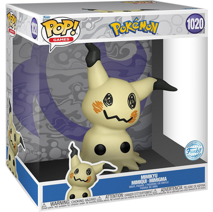 Funko Pop! Games vinyl figure of Mimikyu number 1020, displayed inside its original retail packaging. The figure is cream-colored with black-tipped ears and tail, and orange cheek markings, set against a purple-themed background. Funko Pop! Mimikyu - Jumbo 10 Inch Special Edition Vinyl Figure