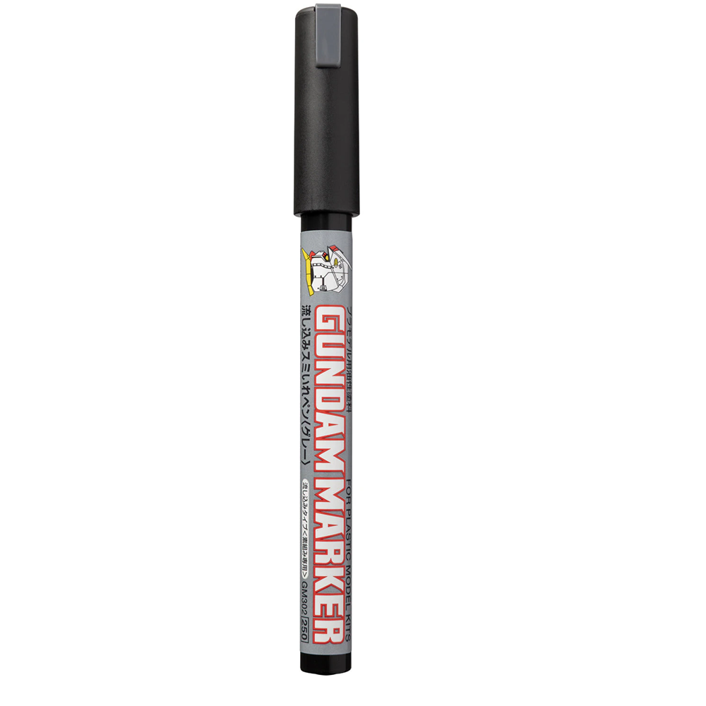 Black eyeliner pencil with a red cap on a white background. GM-302P Gundam Marker Gray