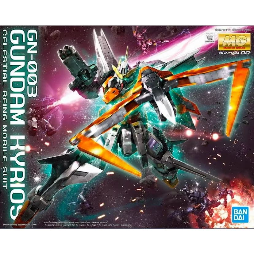 GN-003 Gundam Kyrios model kit featuring 1/100 scale, coloured plastic, detachable GN Beam Submachine Gun, transformation gimmicks, and intricate articulation for dynamic poses.