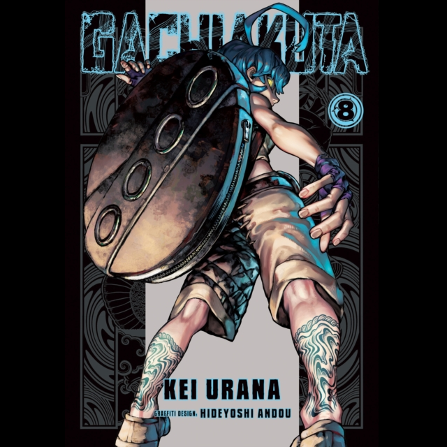 Cover of Gachiakuta 8 showing a determined young boy in torn clothes standing against a dark dystopian backdrop with debris and looming threats around him.