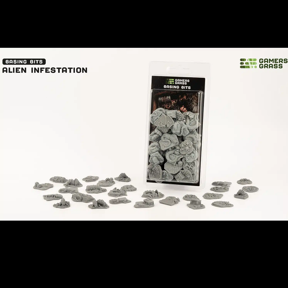 GamersGrass Alien Infestation Basing Bits. Includes thermoplastic fragments of spaceship wreckage like goo, tendrils, alien eggs, and crew remains. Unpainted