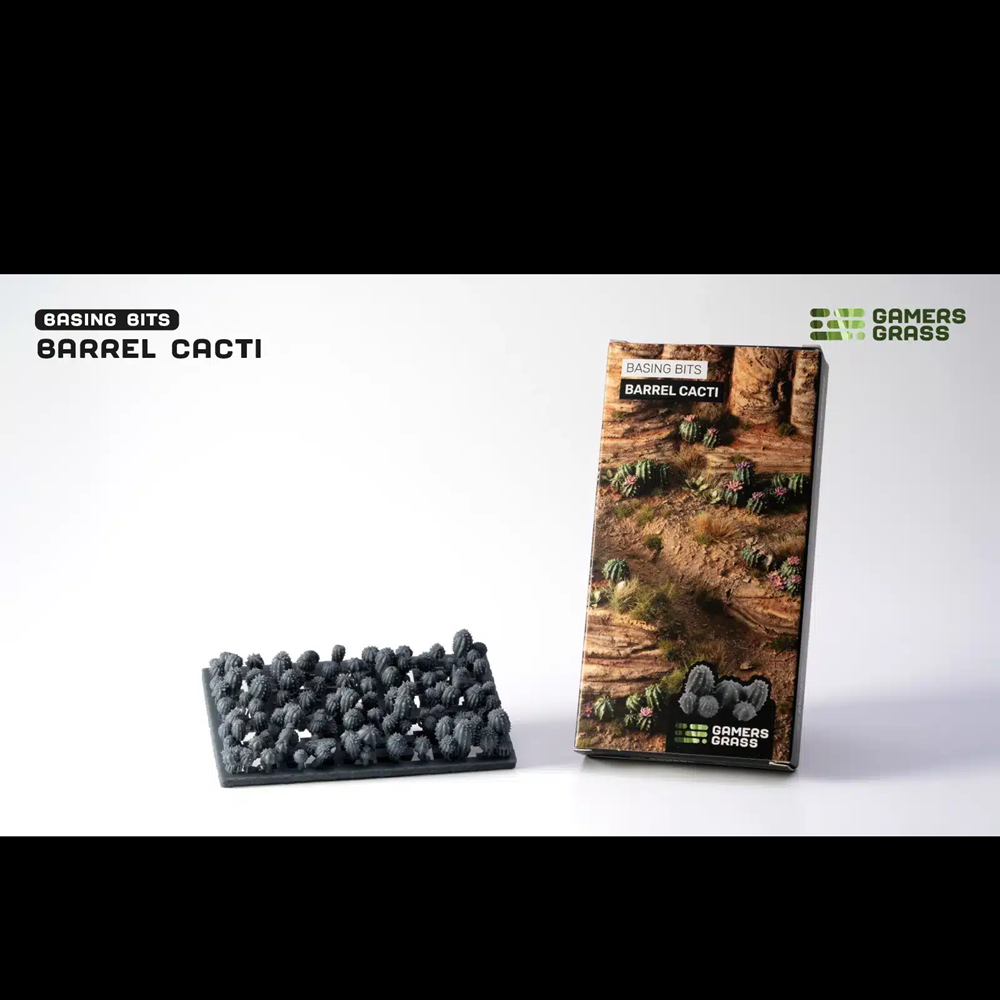 Gamers Grass Barrel Cacti Basing Bits – 3D Printed Resin Desert Scenic Details. Gaming table setup with 'Barrel Cacti' base building kit and packaging on a white background.