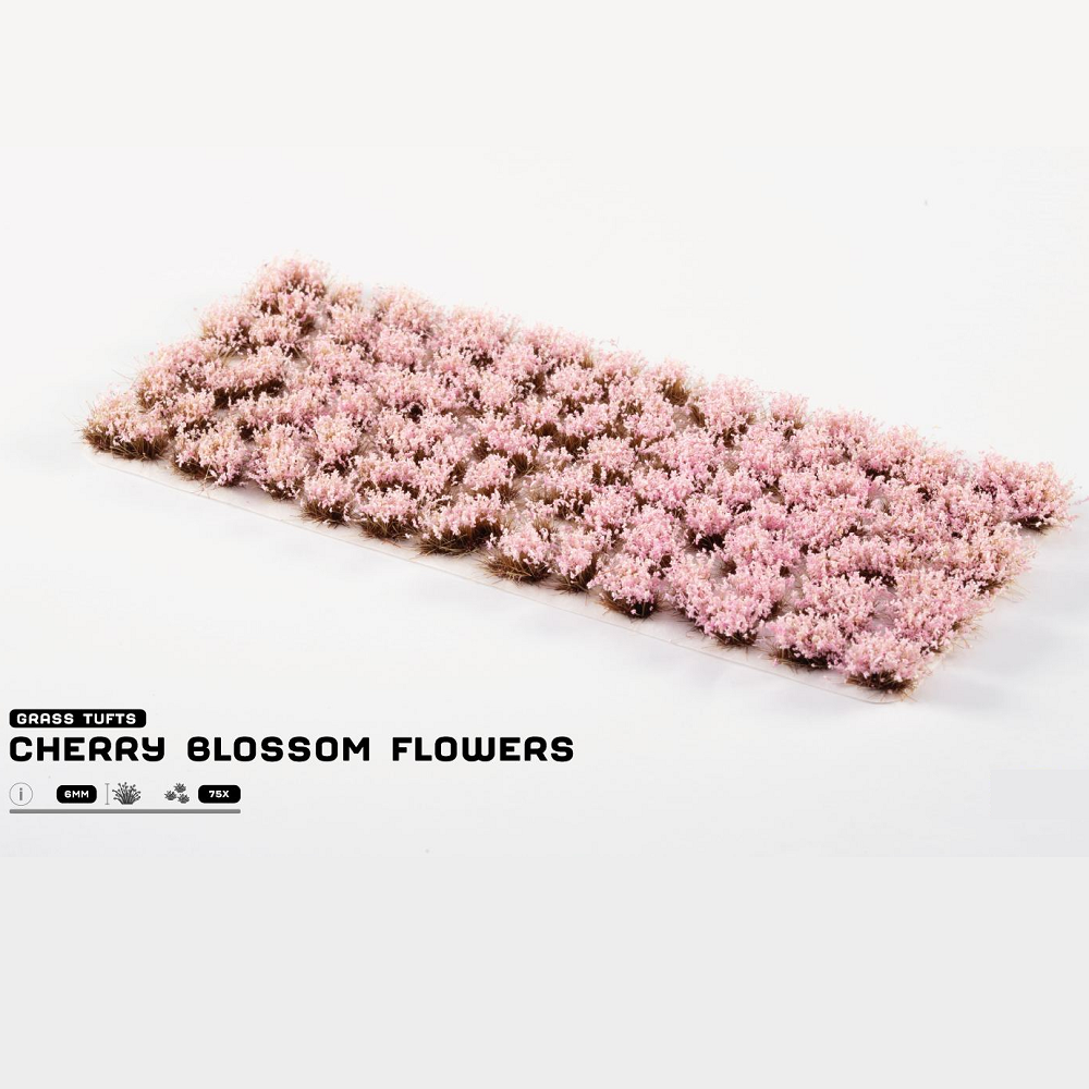Gamers Grass Cherry Blossom Flowers. Grass tufts with cherry blossom flowers on a white background