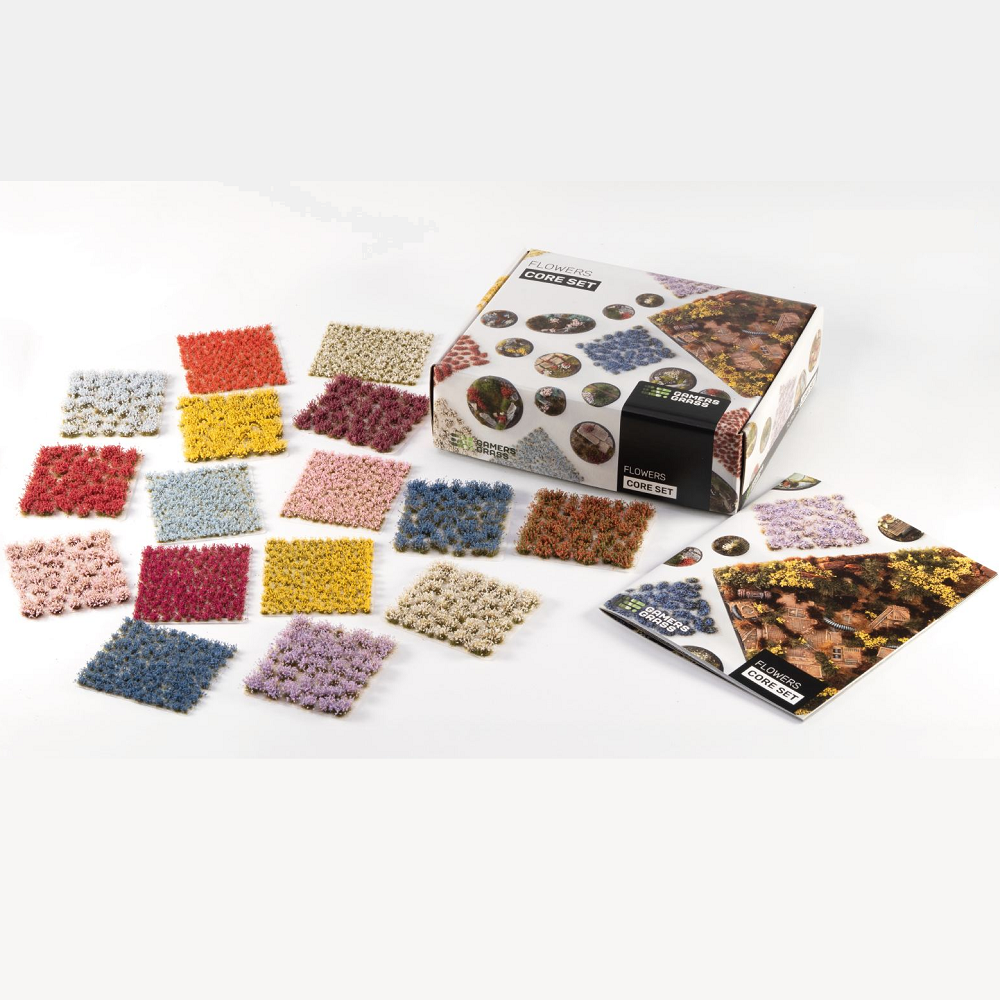Gamers Grass Flowers Core Set. Colour swatch book with various colour samples on a white background