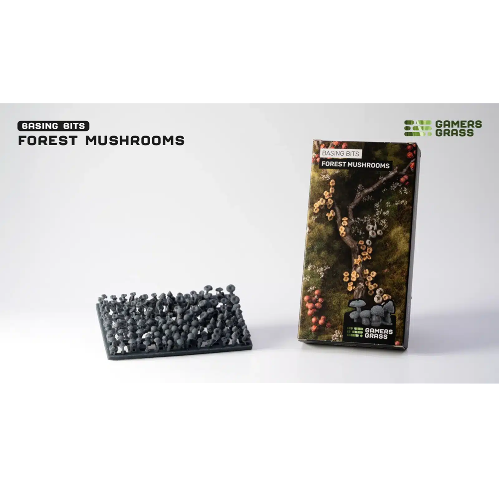 Gamers Grass Forest Mushrooms. Box of 'Forest Mushrooms' gaming terrain with a set of black mushrooms on a white background.
