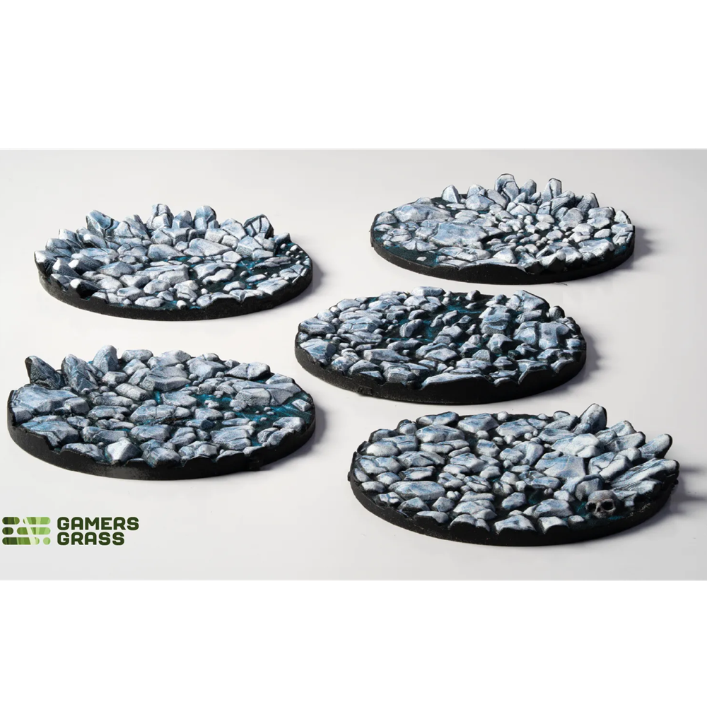 Gamers Grass Frost Lake Base Toppers - 40mm Round. Five round stone bases with a textured surface on a white background, branded 'GAMERS GRASS'.