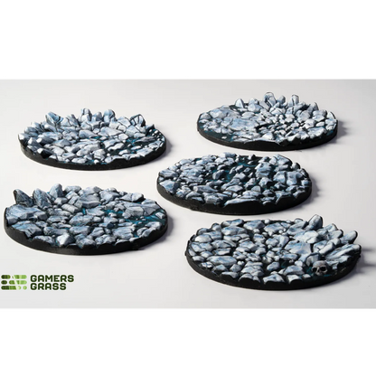 Gamers Grass Frost Lake Base Toppers - 40mm Round. Five round stone bases with a textured surface on a white background, branded 'GAMERS GRASS'.