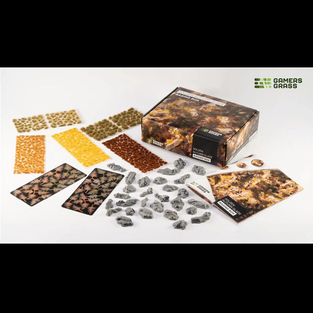 Gamers Grass Golden Autumn Glade Basing Box. Gamers Grass Golden Autumn Glade basing box with rocks and autumn grass tufts