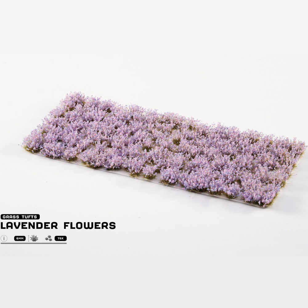 Gamers Grass Lavender Flowers. Sheet of lavender flowers on a white background with 'Grass Tufts' branding.