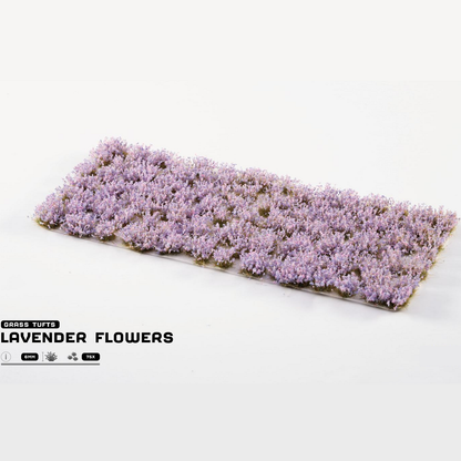 Gamers Grass Lavender Flowers. Sheet of lavender flowers on a white background with 'Grass Tufts' branding.