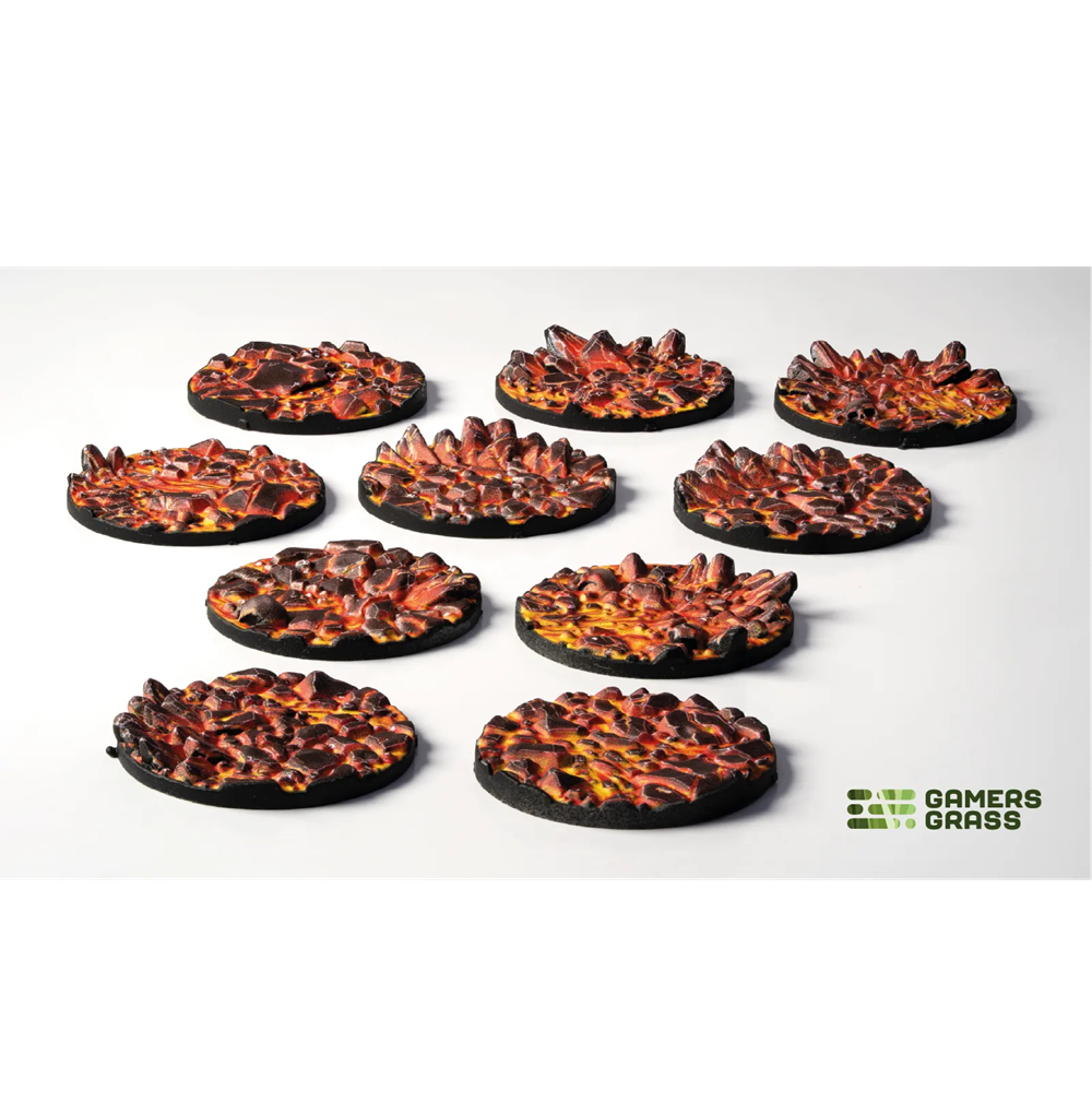 Gamers Grass Molten Lava 28mm base topper. Lava-like miniature bases with 'Gamers Grass' branding on a white background
