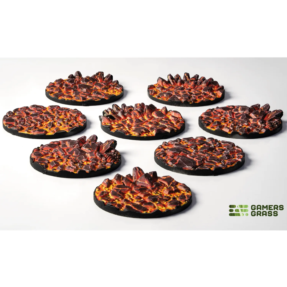 Gamers Grass Molten Lava 32mm base topper. Lava-like miniature bases with 'GAMERS GRASS' branding on a white background