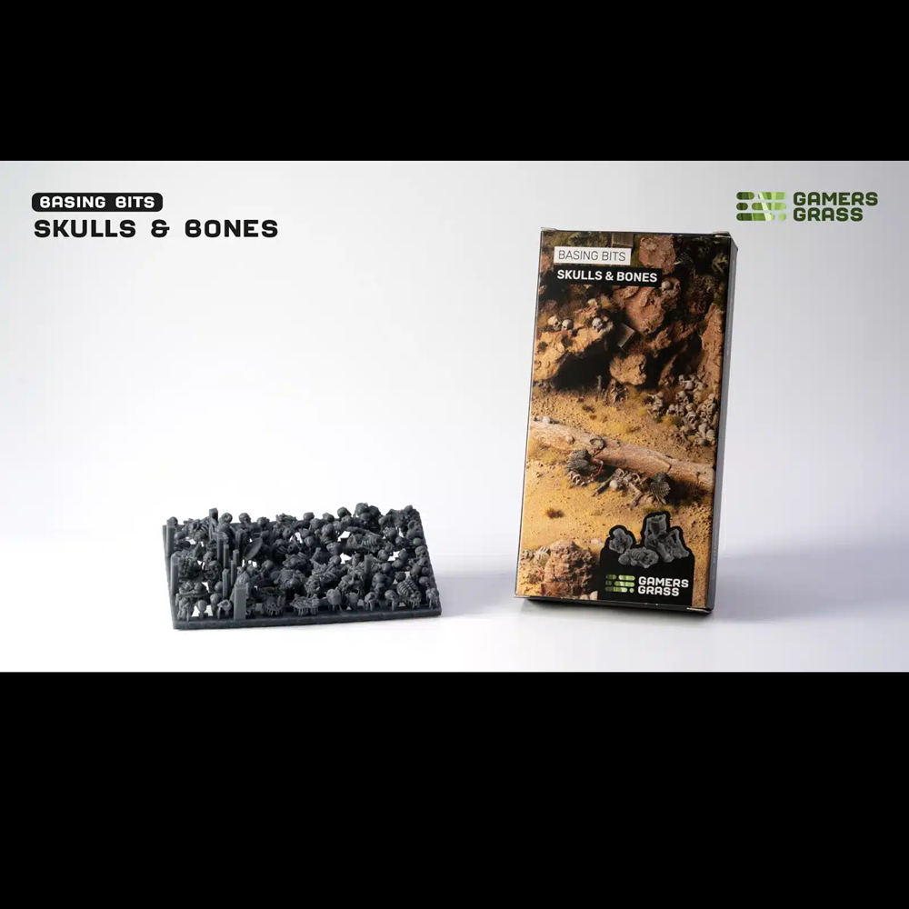 Gamers Grass Skulls & Bones. Gaming bits packaging with 'Skulls & Bones' text on a white background