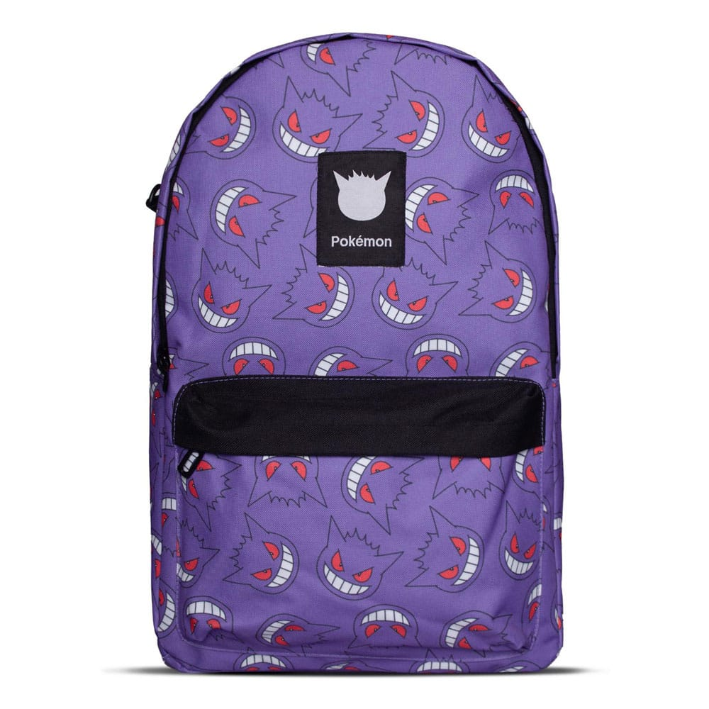 Gengar Pokémon Backpack . Purple backpack with cartoon character pattern and Pokemon logo on a white background