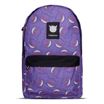Gengar Pokémon Backpack . Purple backpack with cartoon character pattern and Pokemon logo on a white background