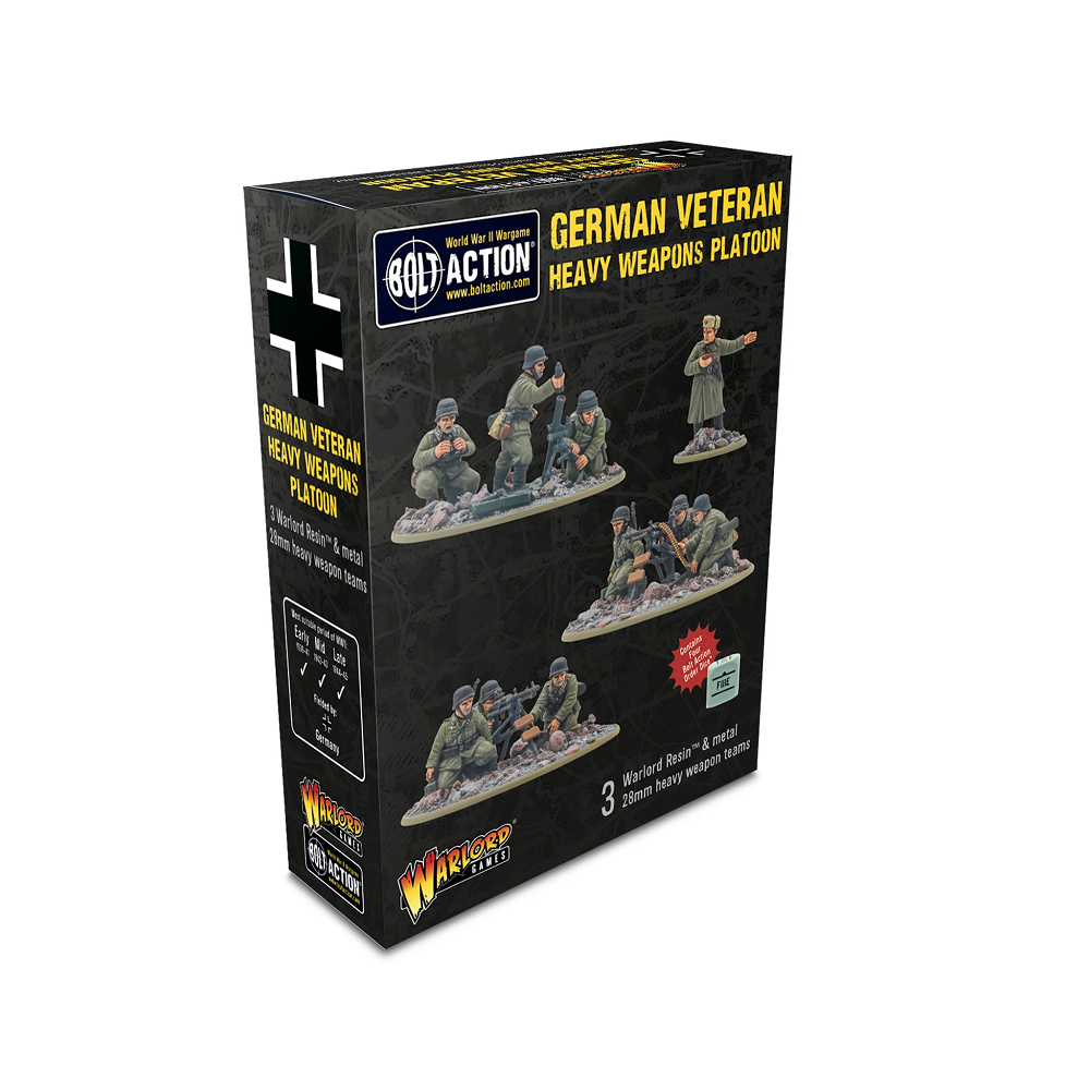 Set of 28mm scale Bolt Action German Veteran Infantry Heavy Weapons Platoon with MG 34s, 81mm mortar, and a Platoon Commander. Supplied unassembled and unpainted.