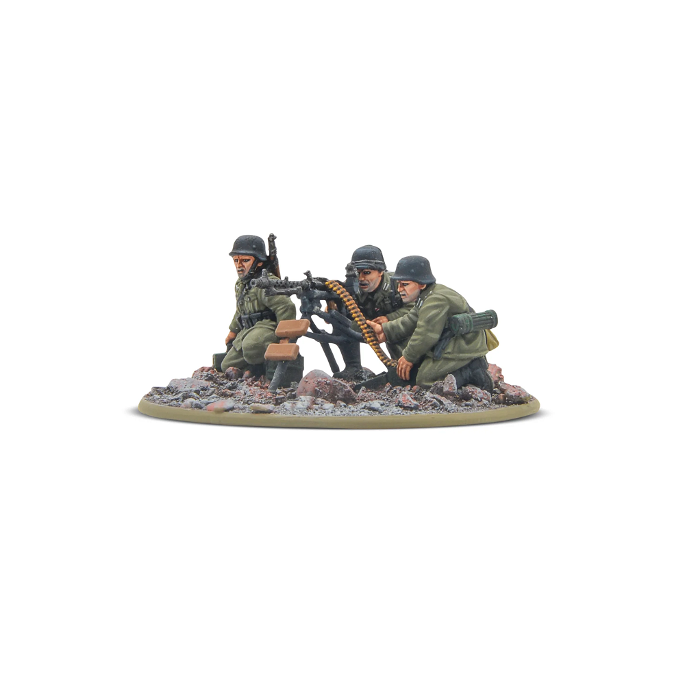 Painted miniatures of the Bolt Action German Veteran Infantry MMG Team, featuring crew operating an MG 34 on a tripod. Unassembled and unpainted models.