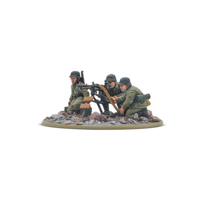 Painted miniatures of the Bolt Action German Veteran Infantry MMG Team, featuring crew operating an MG 34 on a tripod. Unassembled and unpainted models.