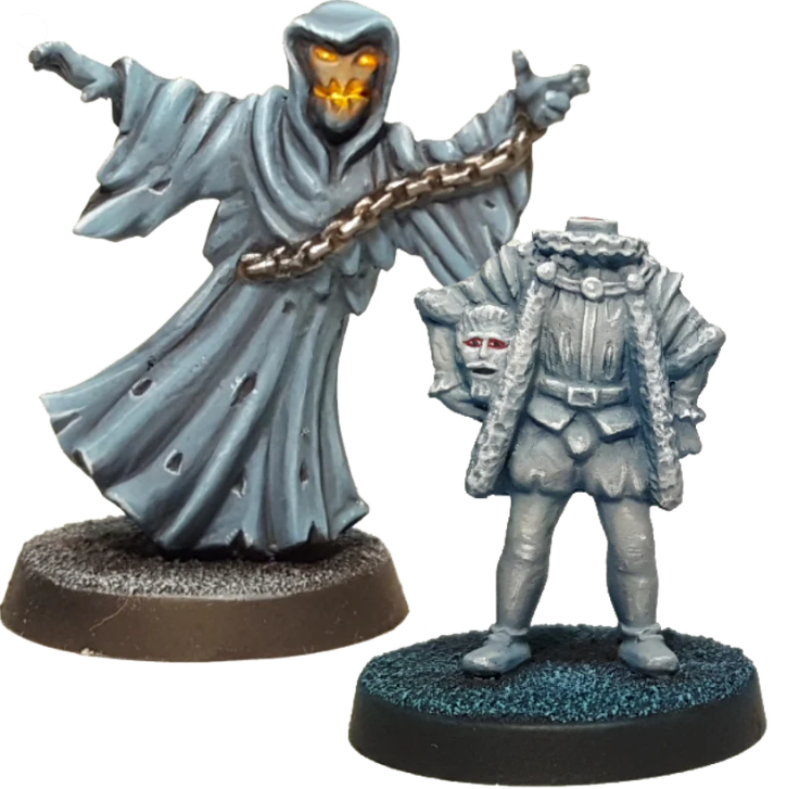 Ghosts by Crooked Dice, a pack of two white metal miniatures for your tabletop games representing two different spirits, one a sheet ghost complete with chain and the other a traditional 16th/17th century dressed headless male ghost