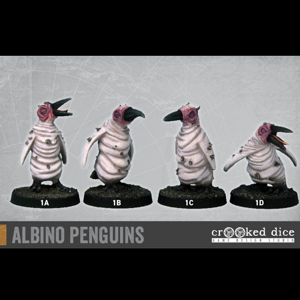 Giant Albino Penguins by Crooked Dice, a set of four 28mm scale metal miniatures depicting monstrous giant birds with bald heads and featherless rolled skin bodies 