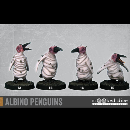 Giant Albino Penguins by Crooked Dice, a set of four 28mm scale metal miniatures depicting monstrous giant birds with bald heads and featherless rolled skin bodies 