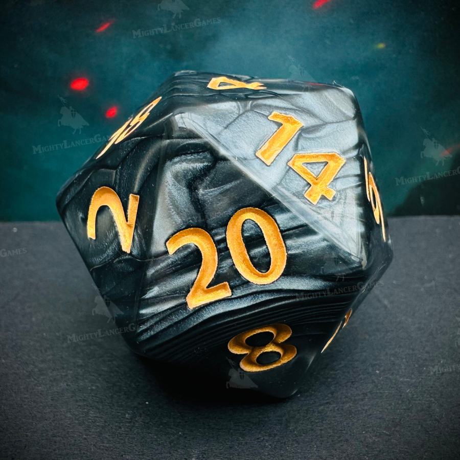 Image of a pearl black 40mm D20 dice with gold numbers, ideal for RPG players and dungeon masters. A striking addition to tabletop gaming sessions.