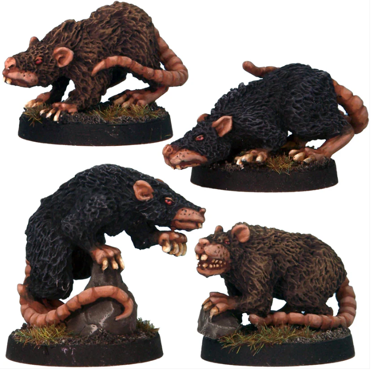 Giant Rats miniatures set by Crooked Dice features four unique metal miniatures, ideal for tabletop gaming, RPGs, and dioramas, provided unpainted.