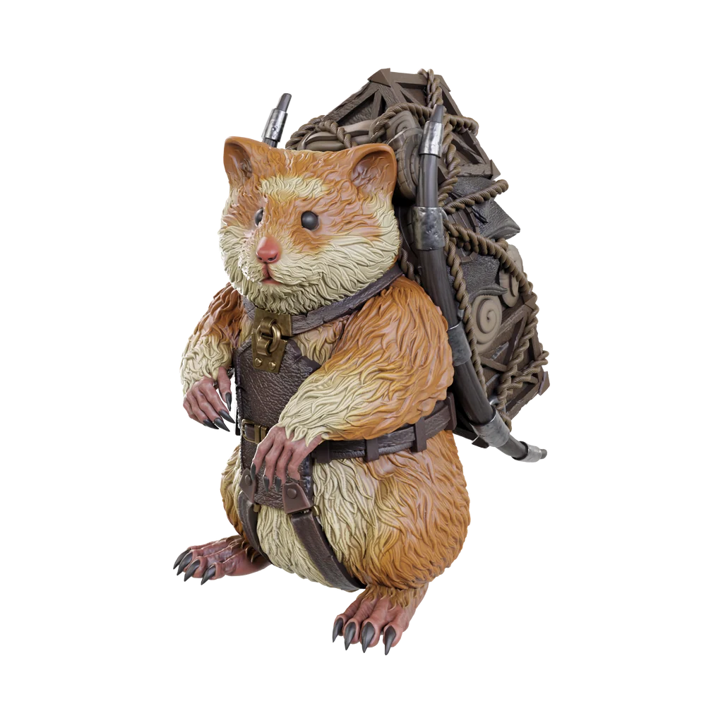 A detailed figurine of a small brown and cream hamster wearing a rugged backpack and harness, isolated on a white background. Giant Space Hamster - Wizkids D&D Nolzur's Marvelous Miniatures