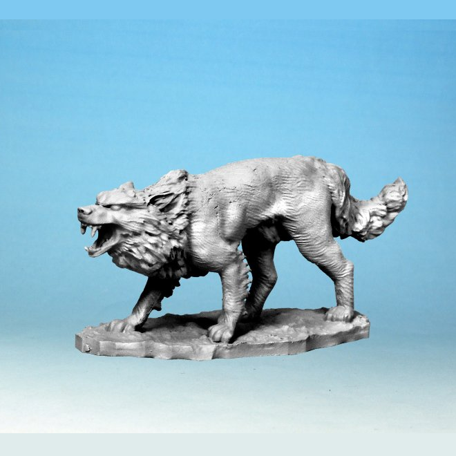 Unpainted Giant Wolf 1 FW1008 metal miniature by North Star Military Figures. Features lifelike fur texture and a crouched, snarling pose. Scaled for 28mm games.