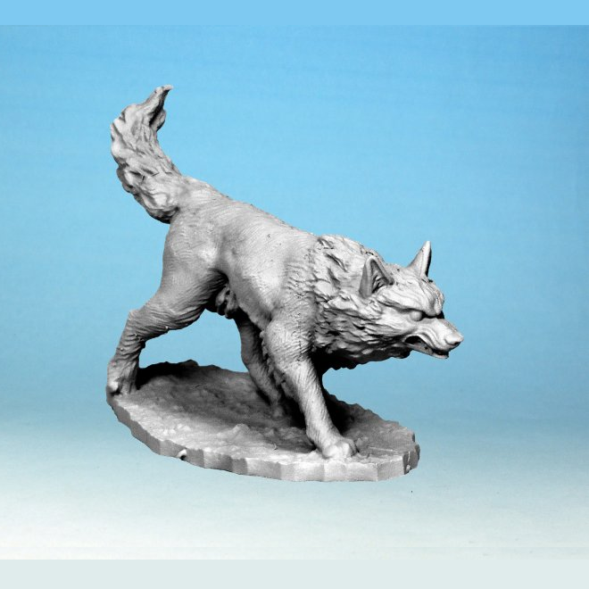 Unpainted Giant Wolf 2 FW1009 metal miniature by North Star Military Figures. Features a dynamic stalking pose with raised paw and lifelike fur detail. Scaled for 28mm games.