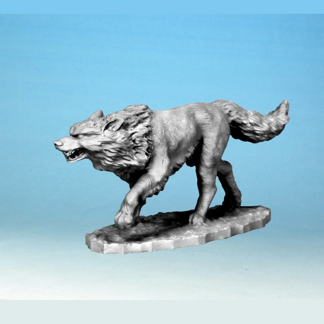Unpainted Giant Wolf 3 FW1007 metal miniature by North Star Military Figures. Features dynamic pose with bared teeth and detailed fur texture. Scaled for 28mm games.
