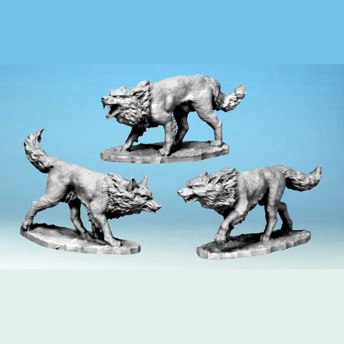 Unpainted Giant Wolf Collection FW1010 by North Star Military Figures. Contains three unique 28mm metal wolves with detailed fur and dynamic poses. Fantasy miniature.