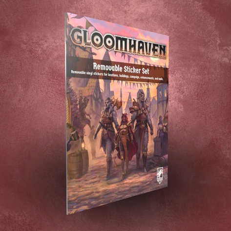 Gloomhaven Removable Sticker Set packaging on a textured red background