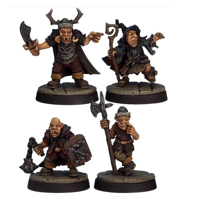 Goblin Command by Crooked Dice, a pack of four white metal miniatures for your tabletop games representing goblins in various clothing carrying various weapons including a sword, a polearm and a flail