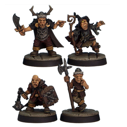 Goblin Command by Crooked Dice, a pack of four white metal miniatures for your tabletop games representing goblins in various clothing carrying various weapons including a sword, a polearm and a flail