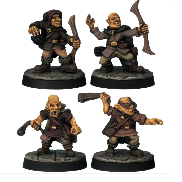 Goblin Missile Troops by Crooked Dice, a pack of four white metal miniatures for your tabletop games representing short, wicked, leathery skinned creatures with two holding bows and two holding slingshots